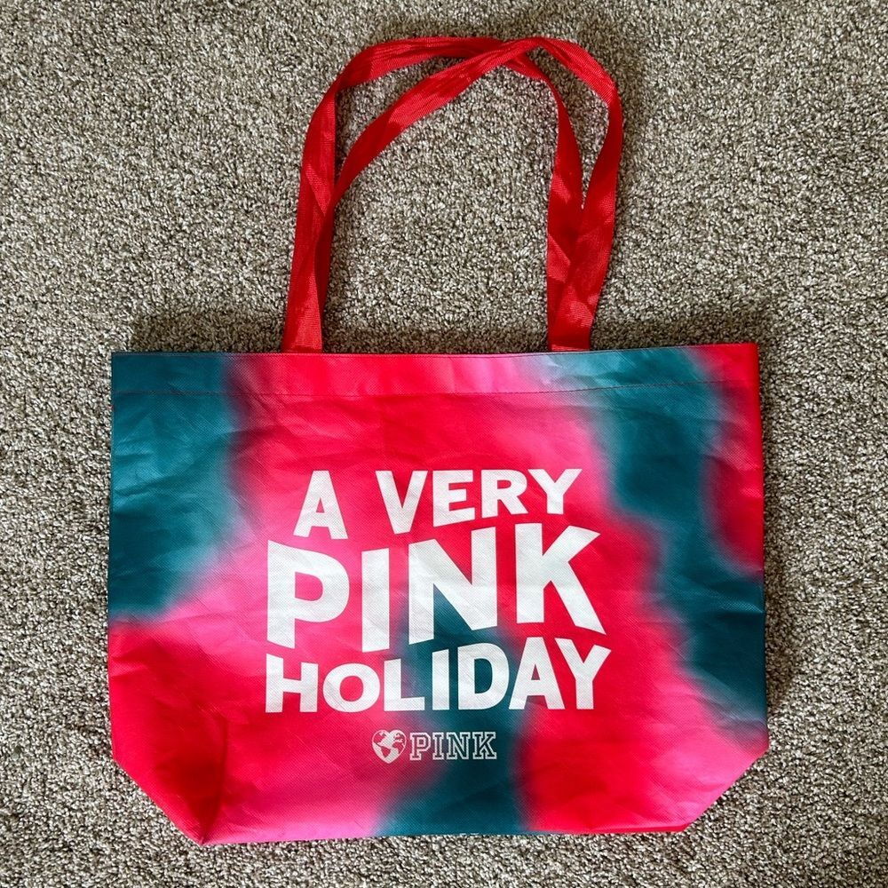 PINK Victoria's Secret Festive Holiday Reusable Tote Bag Red Pink Blue Turquoise